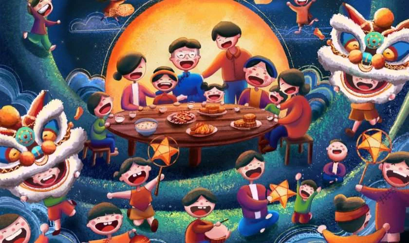 Mẫu vẽ tranh trung thu Anime vui vẻ