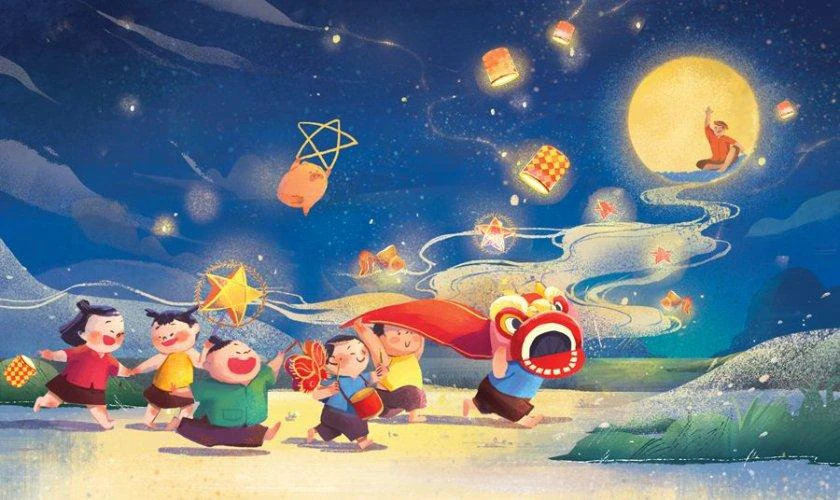 Mẫu tranh vẽ múa lân Trung thu rõ nét