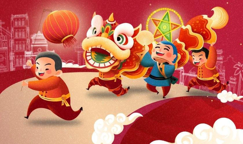 Mẫu tranh vẽ múa lân Trung thu ấn tượng