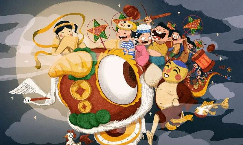 Hình các bé cưỡi lân lên bầu trời