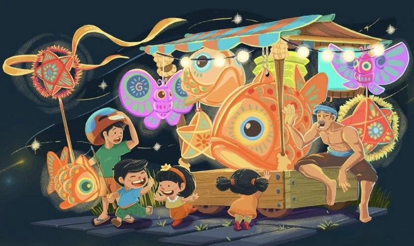 Các bé cùng nhau rước lồng đèn đầy vui nhộn