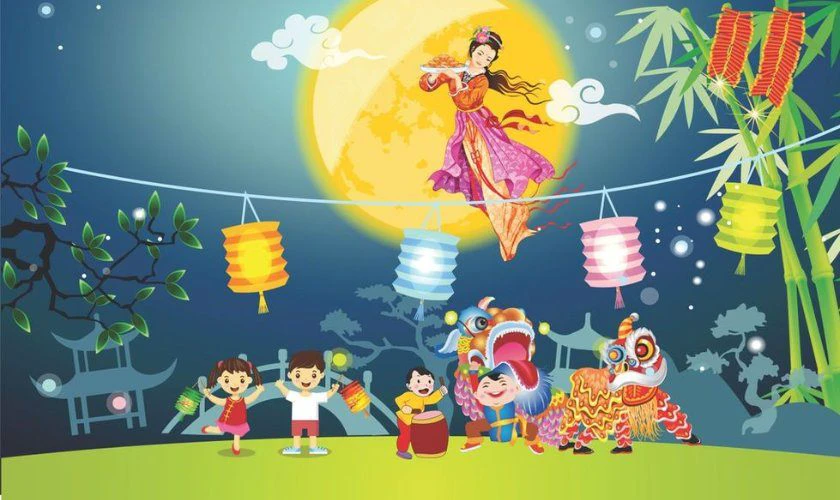 Tranh trung thu về những chiếc lồng đèn soi sáng