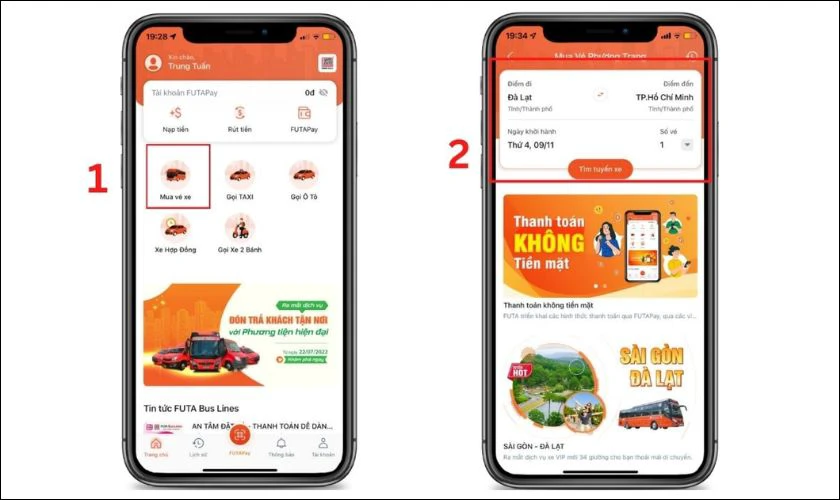 Truy cập app và chọn địa điểm đi và đến