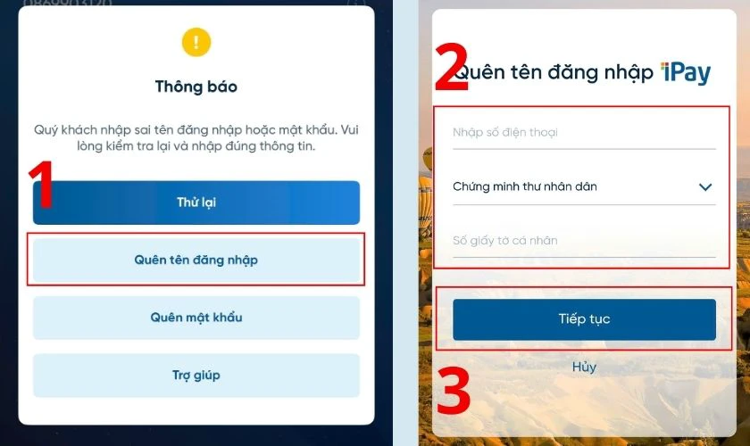 Lấy lại t&ecirc;n đăng nhập ngay tr&ecirc;n ứng dụng VietinBank iPay