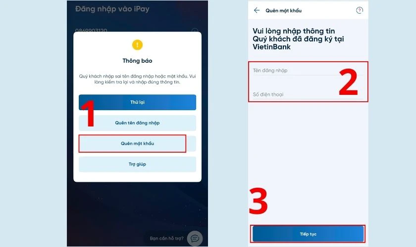 Lấy lại mật khẩu trực tiếp tr&ecirc;n ứng dụng VietinBank iPay