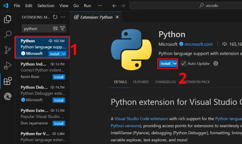 Chọn Python ở mục lục được hiển thị