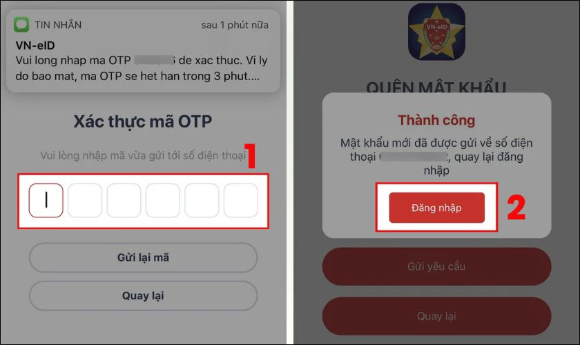 Tiếp theo bạn nhập mã xác thực OTP được gửi và chọn Đăng nhập