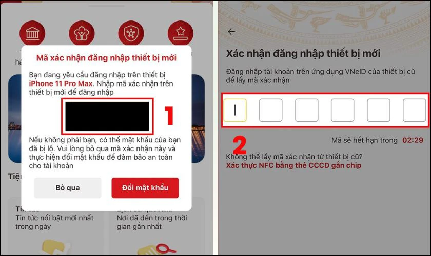 Mở VNeID trên thiết bị cũ để lấy mã và nhập mã vừa lấy vào thiết bị mới để xác nhận đăng nhập