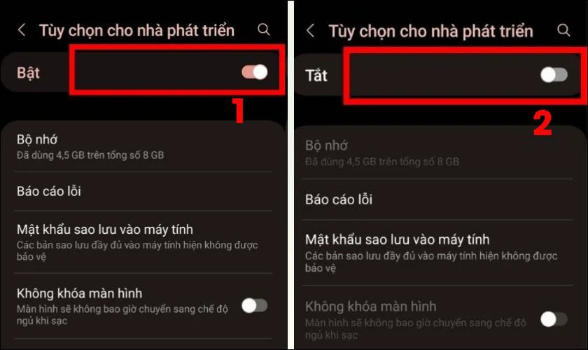 Tiếp theo bạn gạt nút sang trái để tắt chế độ Tùy chọn cho nhà phát triển