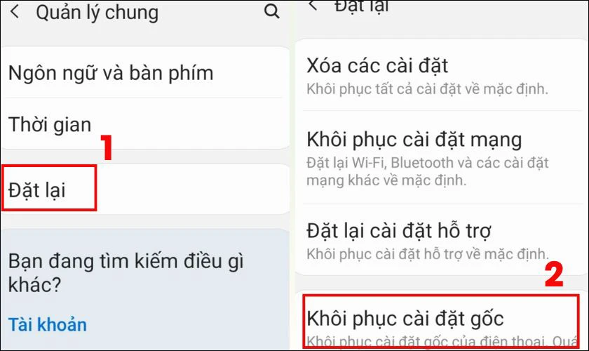 Chọn mục Khôi phục cài đặt gốc