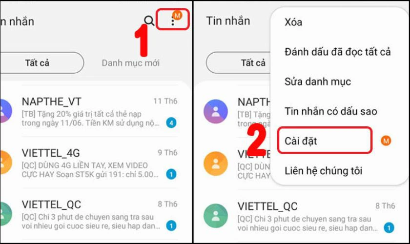 Mở ứng dụng tin nhắn trên điện thoại, chọn Cài đặt