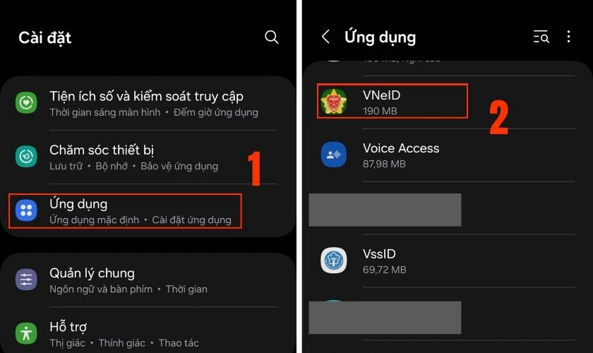 Vào Cài đặt chọn Ứng dụng (hoặc Quản lý ứng dụng) và tiếp tục tìm chọn VNeID