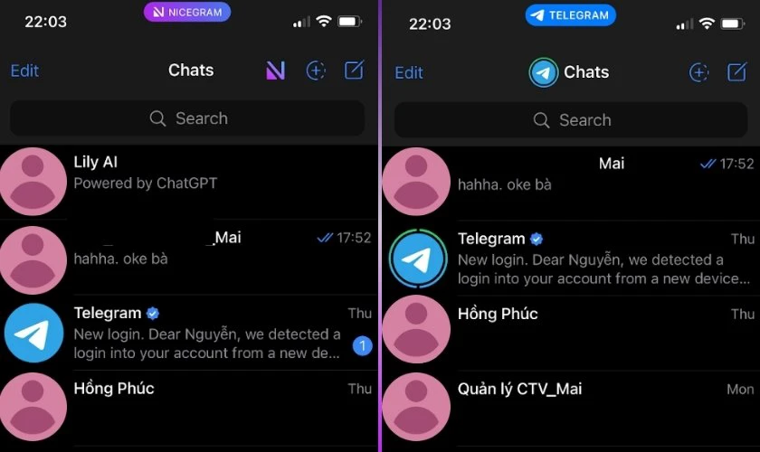 Tin nhắn ở hai nền tảng Telegram và Nicegram sẽ đồng bộ với nhau