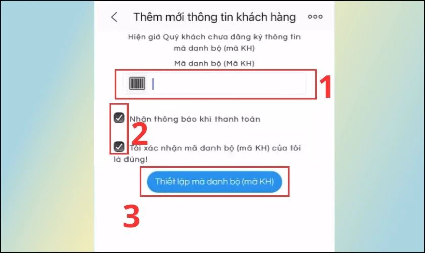 Điền mã khách hàng và chọn tiếp Thiết lập mã danh bộ (mã KH)