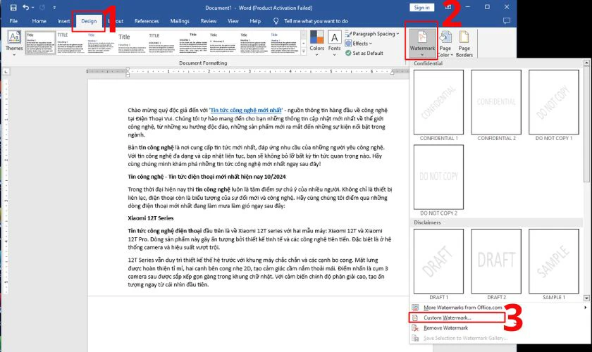 Vào Design chọn Custom Watermark
