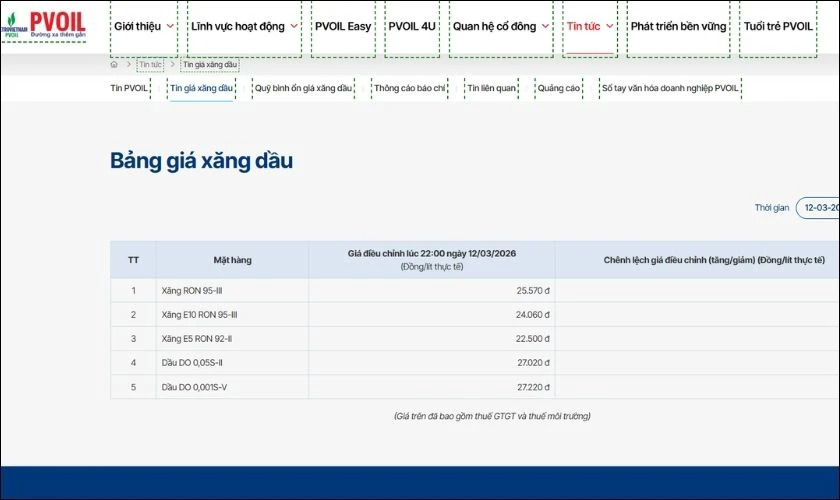 Xem giá xăng dầu web PVOIL