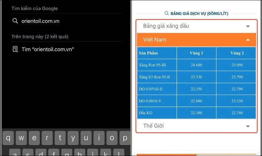 Xem giá xăng dầu web Orient Oil