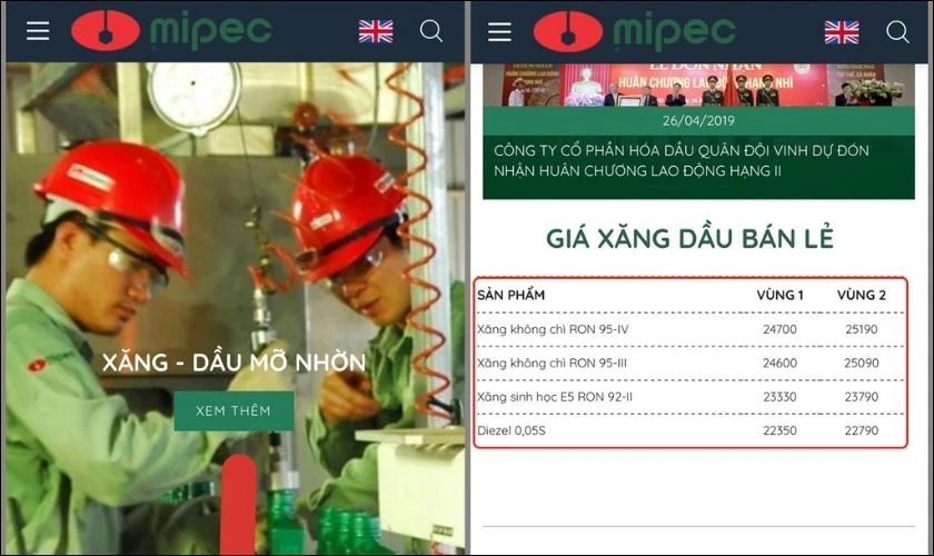 Xem giá xăng dầu web MIPEC