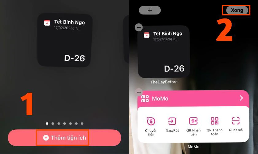 Cách Thêm Widget Countdown Tết 2026 Bính Ngọ Trên Điện Thoại Nhấn Thêm Tiện Ích Rồi Nút Xong