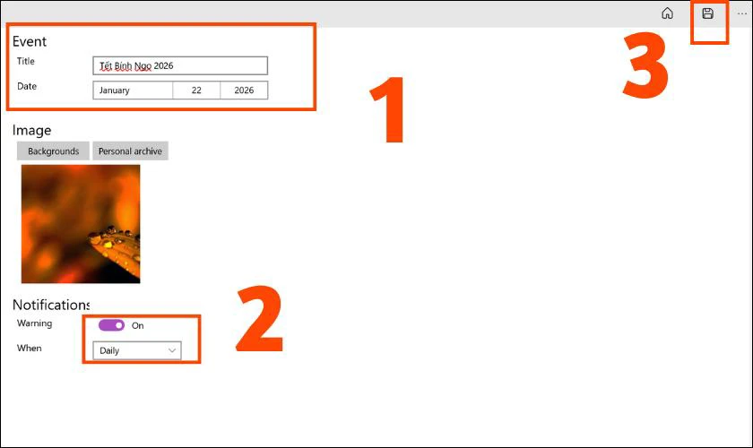Cách Thêm Widget Countdown Tết 2026 Bính Ngọ Trên Điện Thoại Nhấn Save Để Lưu Toàn Bộ Thay Đổi Và Hoàn Tất Quá Trình Cài Đặt Widget
