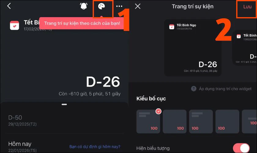 Cách Thêm Widget Countdown Tết 2026 Bính Ngọ Trên Điện Thoại Nhấn Vào Biểu Tượng Khay Màu Để Chỉnh Sửa Hình Nền