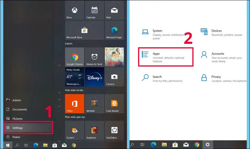 Gỡ cài đặt Mozilla Firefox bằng cách mở Settings, vào mục Apps