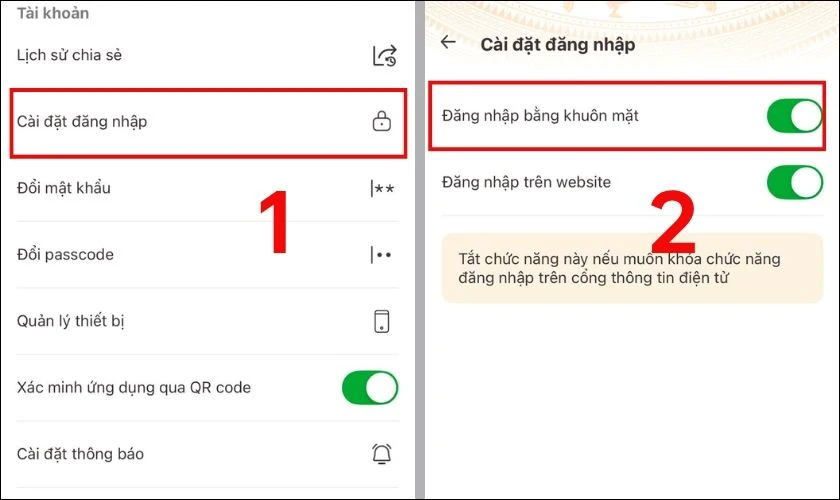 Chọn Cài đặt và Đăng nhập bằng khuôn mặt