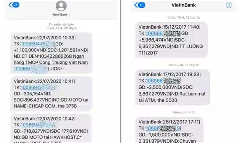 Hệ thống sẽ phản hồi tin nhắn với thông tin chi tiết về số dư và lịch sử giao dịch gần nhấ