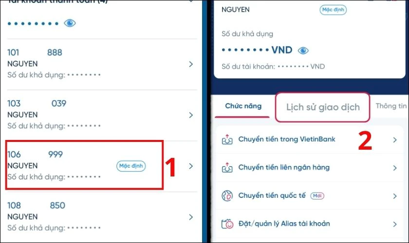 Chọn mục Lịch sử giao dịch