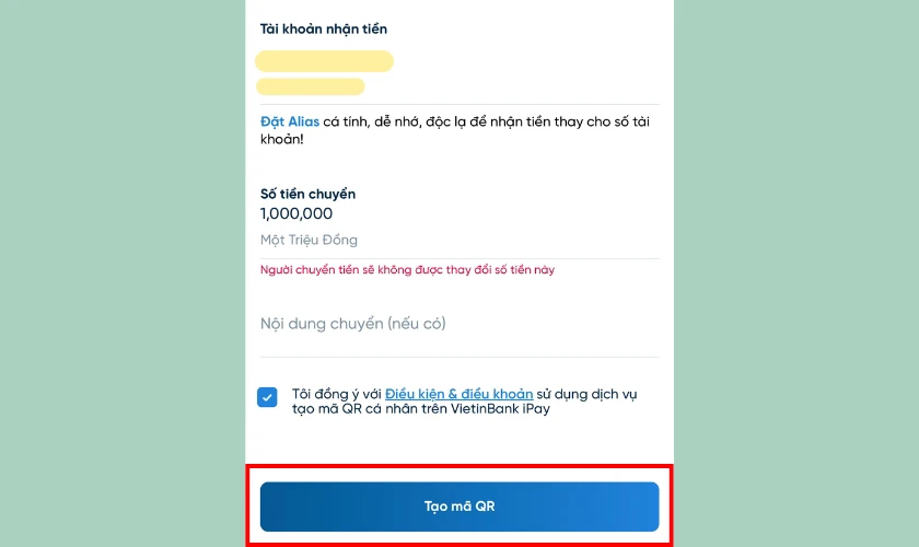Nhập số tiền cần nhận và nội dung giao dịch