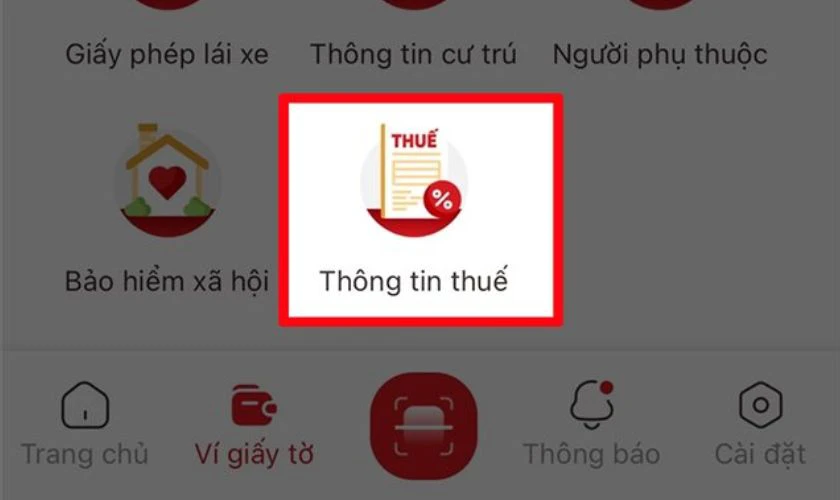 Chọn vào mục Thông tin Thuế và nhập passcode