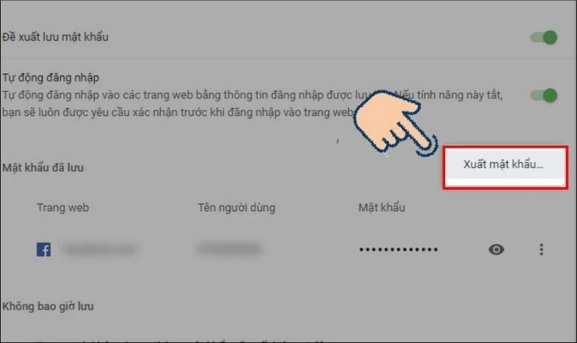 Chọn tùy chọn Xuất mật khẩu