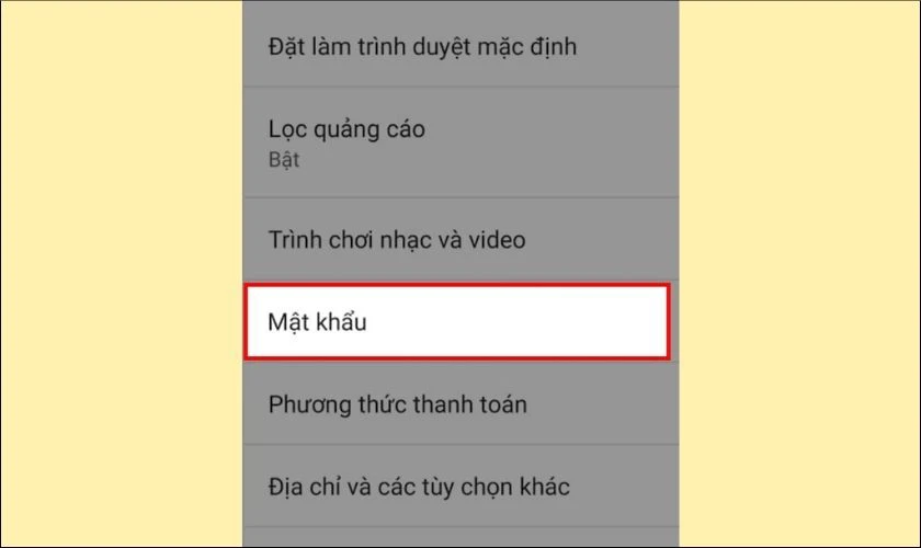 Tìm và chọn mục Mật khẩu