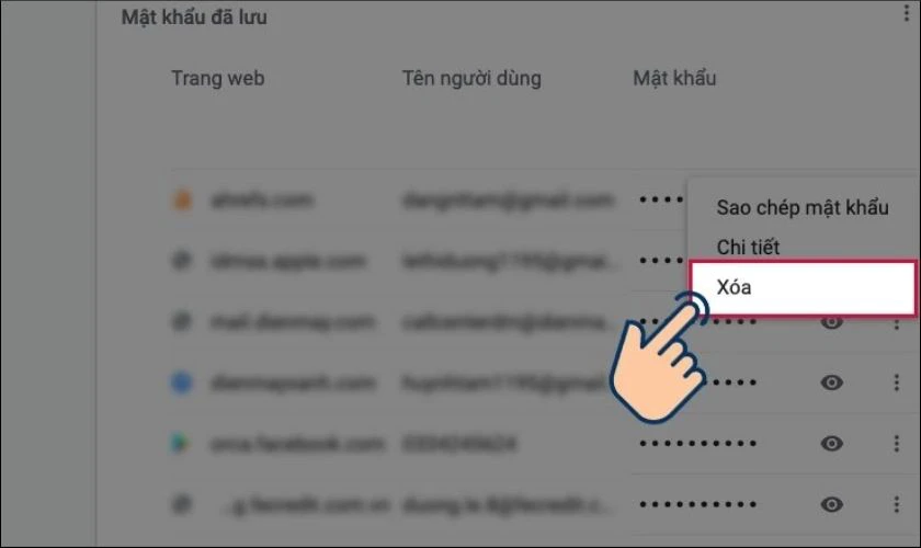 Trên máy tính, bạn nhấp vào dấu 3 chấm, chọn Xóa để xóa mật khẩu đã lưu