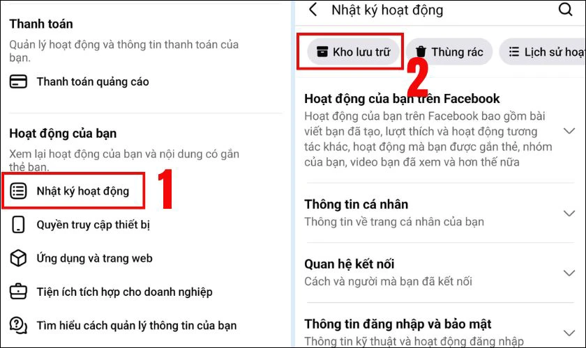 Truy cập Nhật ký hoạt động và mở Kho lưu trữ