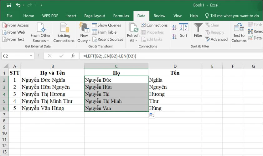 Tách họ và tên trên Excel