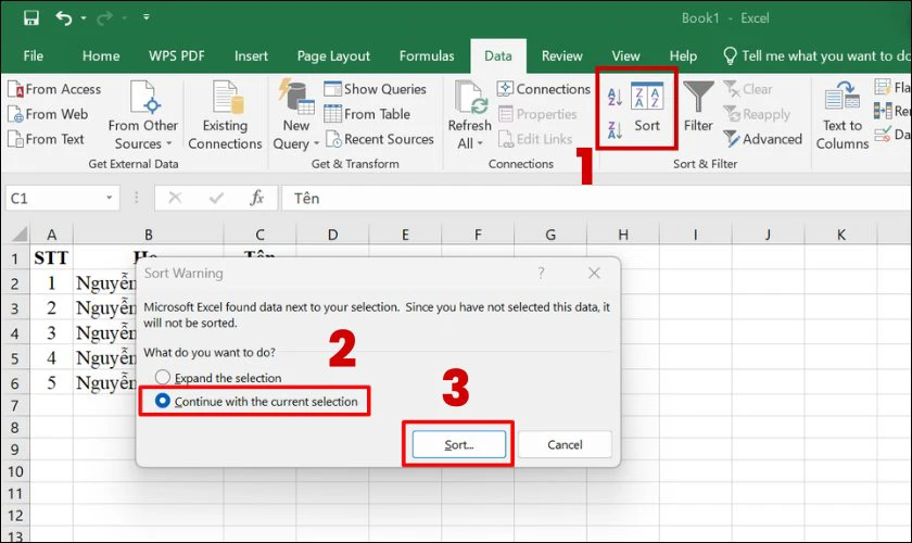 Sort data Excel