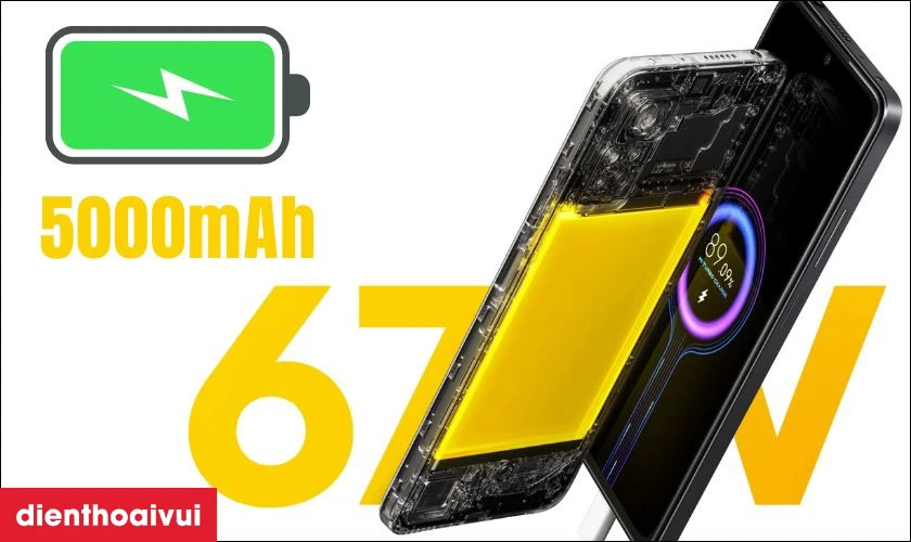 Pin 5000mAh kèm sạc nhanh 67W tiện lợi