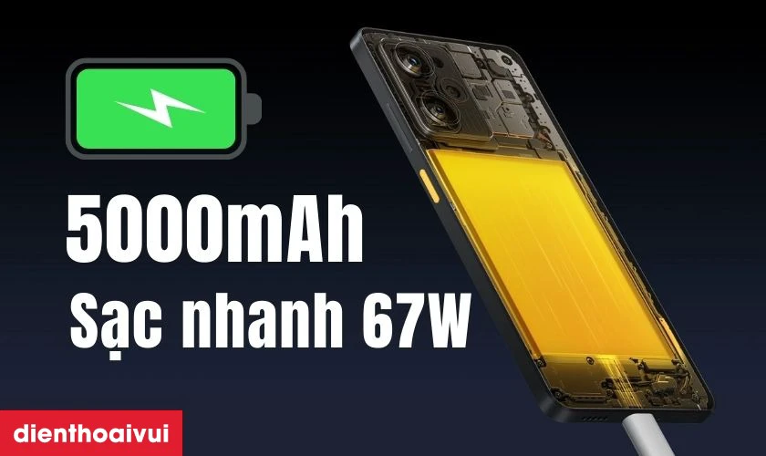 Pin 5000mAh k&egrave;m sạc nhanh 67W tiện lợi