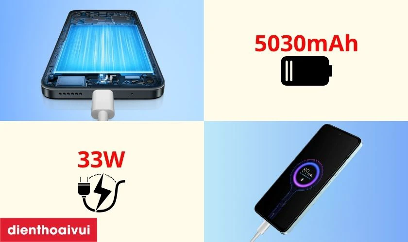 Pin 5.030 mAh, sạc nhanh 33W tiện lợi
