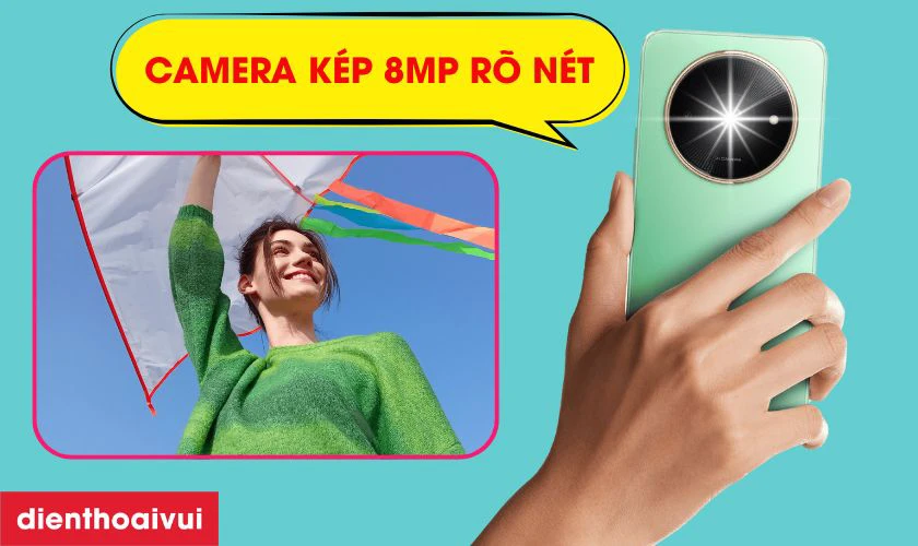Camera kép 8MP và selfie 5MP có vòng sáng hỗ trợ