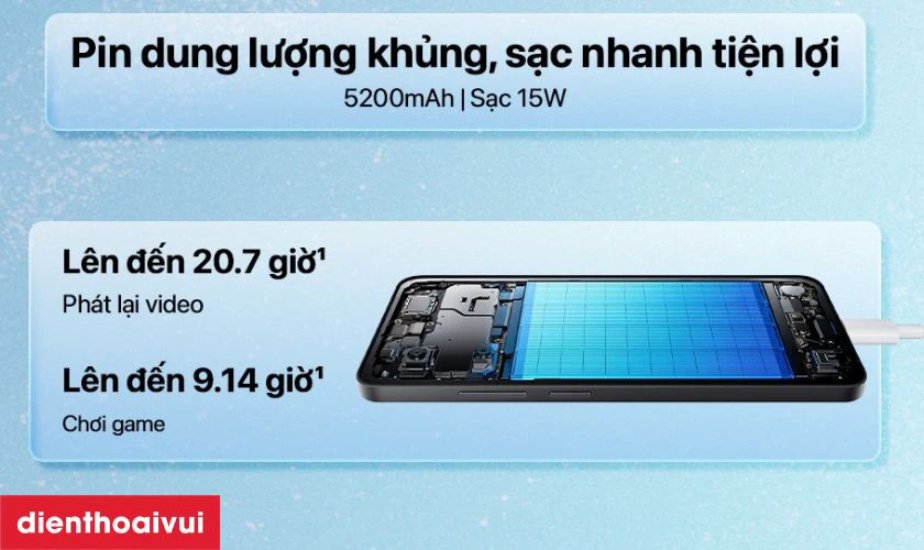 Pin 5200mAh sạc nhanh 15W, bền bỉ cả ng&agrave;y d&agrave;i