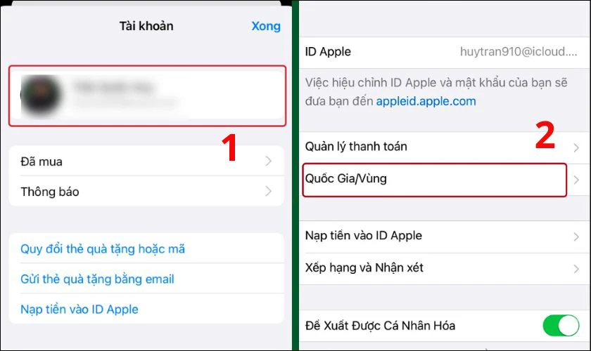 Chọn tên người dùng, chọn Quốc gia/Vùng