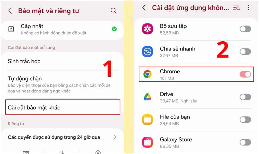 Vào mục Cài đặt ứng dụng không xác định và click chọn Chrome