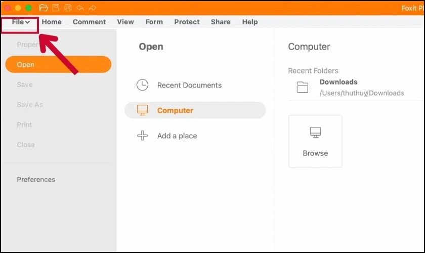Mở phần mềm Foxit Reader và chọn File