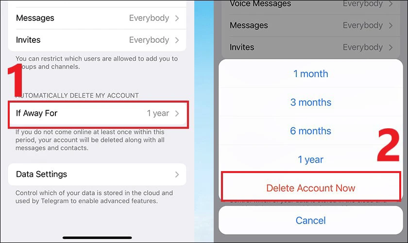 Nhấn vào If Away For và chọn Delete Account Now để xóa tài khoản Telegram