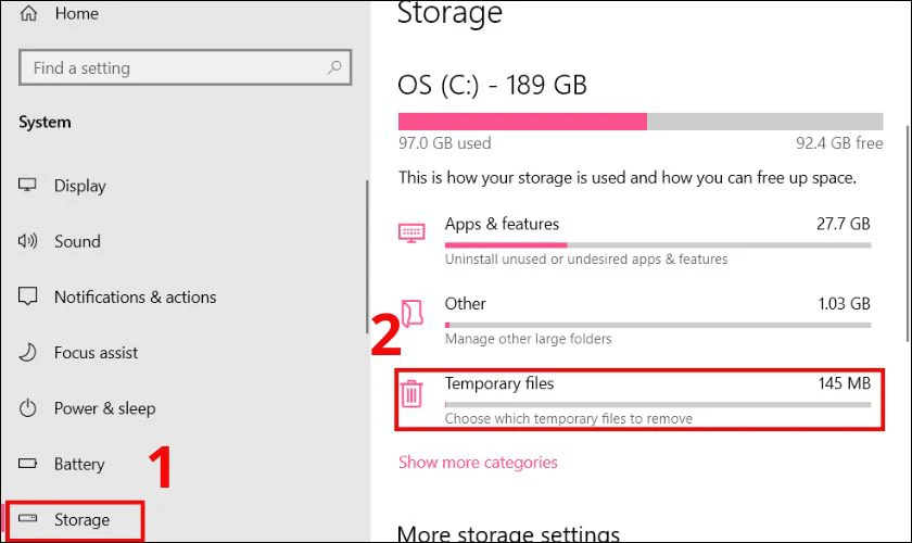 Chọn mục Storage, tìm và chọn Temporary files