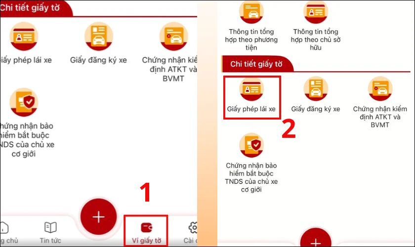 Chọn Mục Ví Giấy Tờ, Chọn Tiếp Mục Giấy Phép Lái Xe