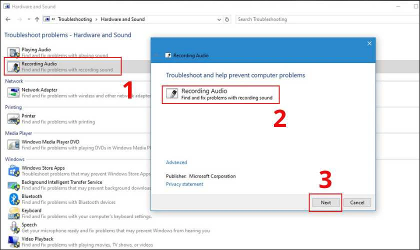 Nhấn Fix and fix problems with recording sound