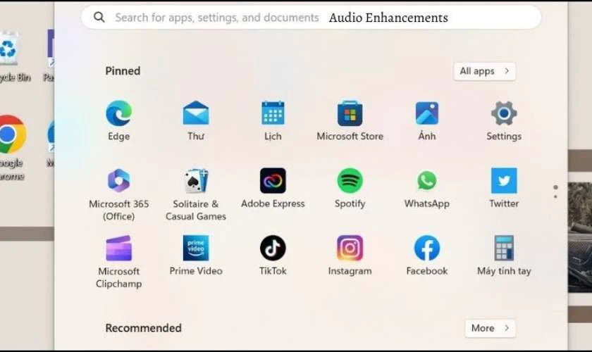 Tại thanh công cụ Windows, nhập từ khoá “Audio Enhancements”